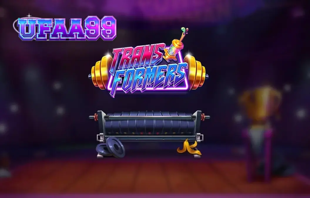Tampilan visual neon yang intens dari slot Transformers dengan karakter utama di latar belakang.